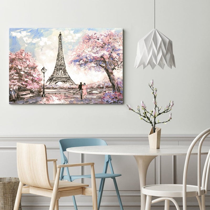 Visual Art Decor Pink Paris Canvas Wall Art Romance Couple Pink Blossoming Eiffel Tower Picture Canvas Prints Wall Art iving Room Bedroom Decoration - Image 2